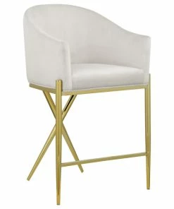 Cheapest 🥰 Meridian Furniture Xavier Velvet Upholstered Counter Height Stool, Cream, Gold Finish 💯