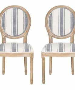 Outlet 🔔 GDFStudio Lariya French Country Fabric Dining Chairs (Set Of 2), Dark Blue Line + Natural ❤️