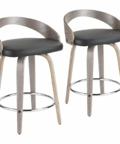 Best Pirce ⌛ LumiSource Grotto Counter Stools With Swivels, Set Of 2, Light Gray Wood, Black, Pu, Chrome 🛒