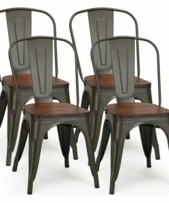 Discount ✨ Costway Set Of 4 Style Metal Dining Side Chair Wood Seat Stackable Bistro Cafe 👏