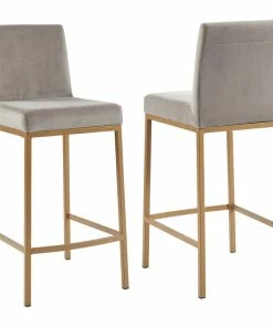 New 🛒 Worldwide Homefurnishings Inc. Set Of 2, 26'' Counter Stool, Velvet With Gold Metal Legs, Gray And Gold Leg 😍