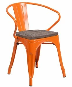 Brand new ✔️ Flash Furniture Orange Metal Chair With Wood Seat And Arms 🔔