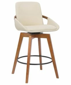 Cheapest ⌛ Armen Living Baylor Swivel Wood Stool, Faux Leather, Cream/Walnut, 26" Counter Height 🤩