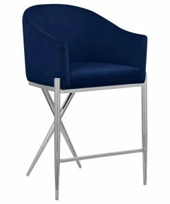Discount 😉 Meridian Furniture Xavier Velvet Upholstered Counter Height Stool, Navy, Chrome Finish ✔️
